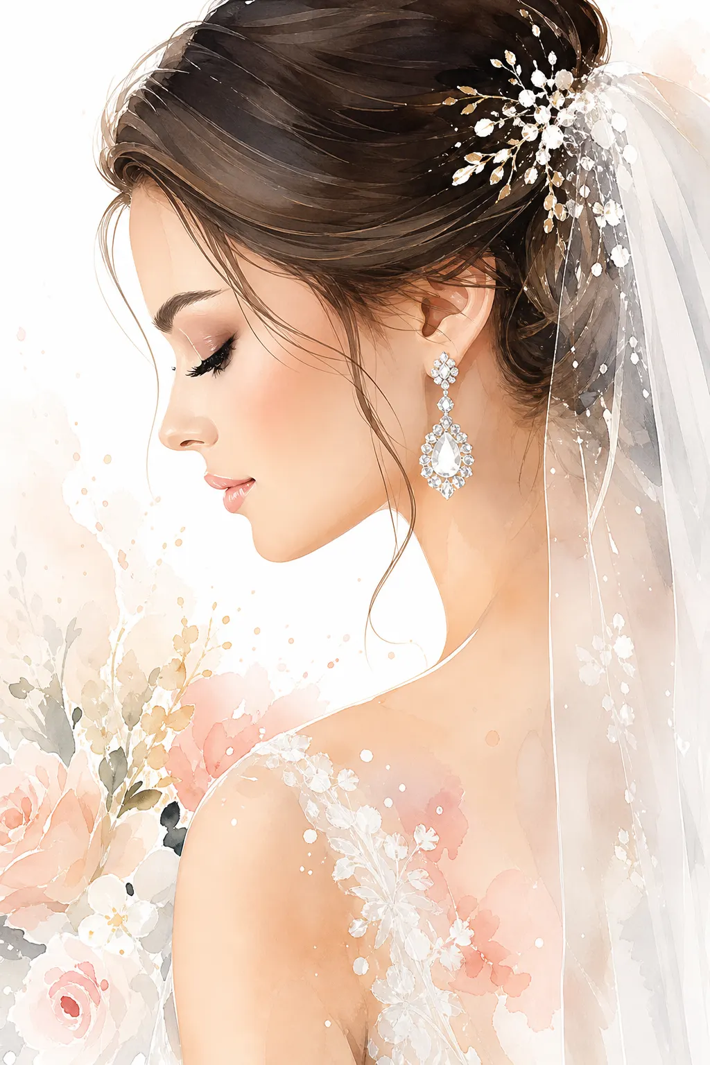 Gorgeous watercolor painting of a bride close-up side profile view showing diamond earrings, vector style graphic
