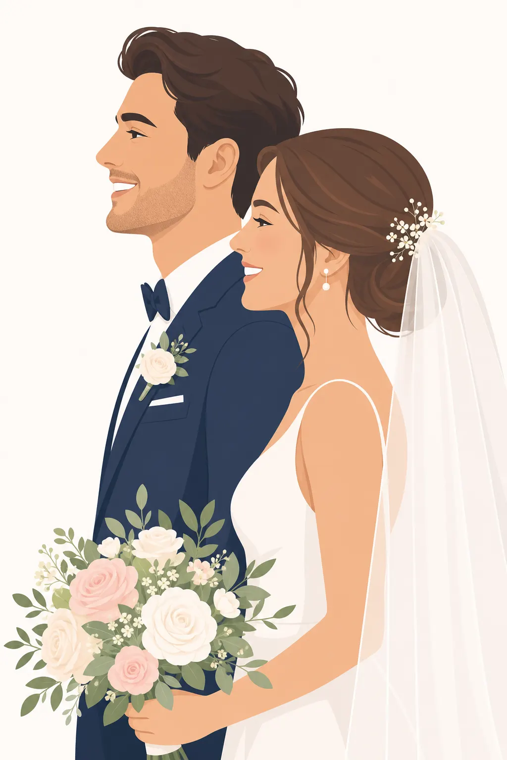 Side view portrait illustration of smiling happy bride and groom, pastel flat design vector